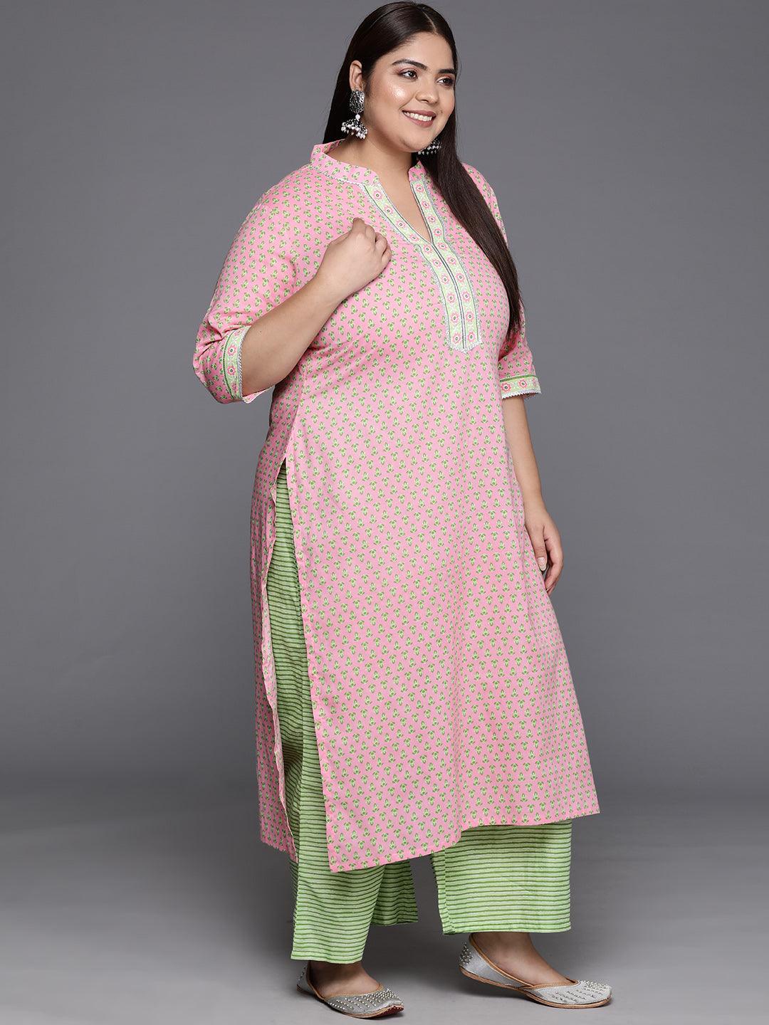 Plus Size Pink Printed Cotton Straight Kurta With Palazzos & Dupatta - Libas 