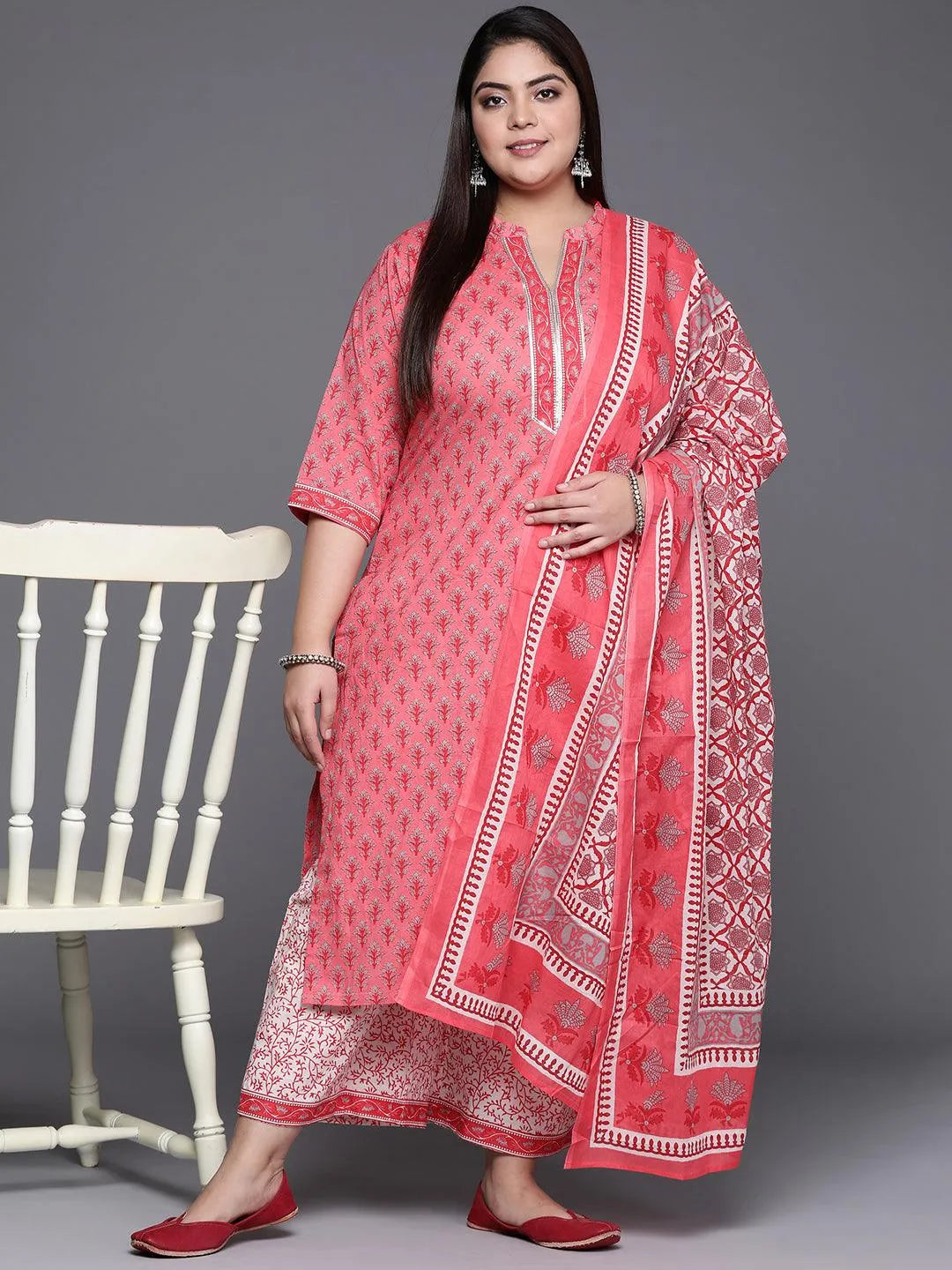 Plus Size Pink Printed Cotton Suit Set - Libas 