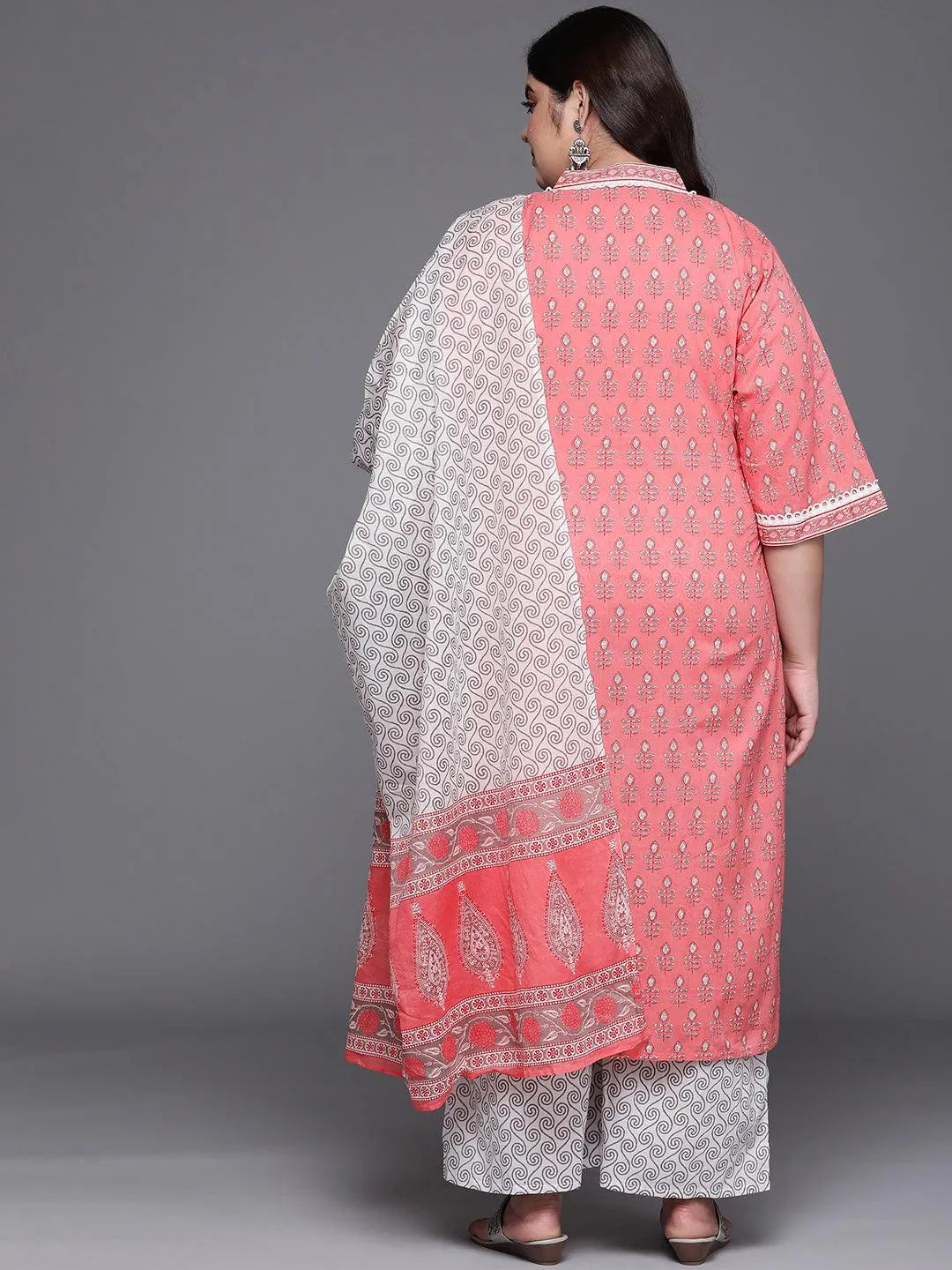 Plus Size Pink Printed Cotton Suit Set - Libas 