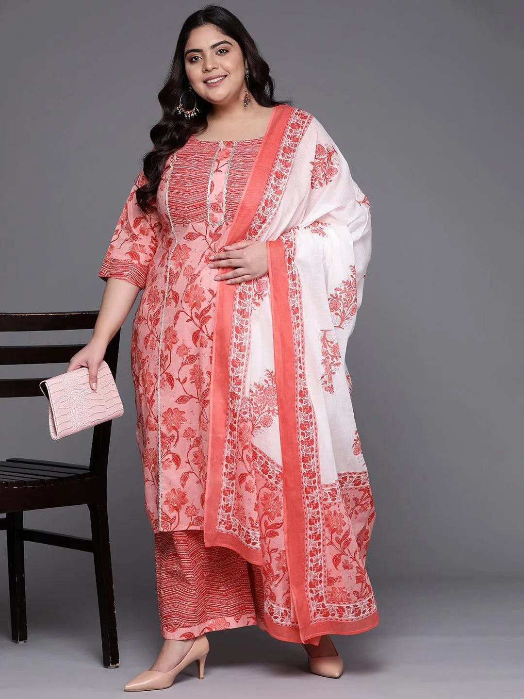 Plus Size Pink Printed Cotton Suit Set - Libas