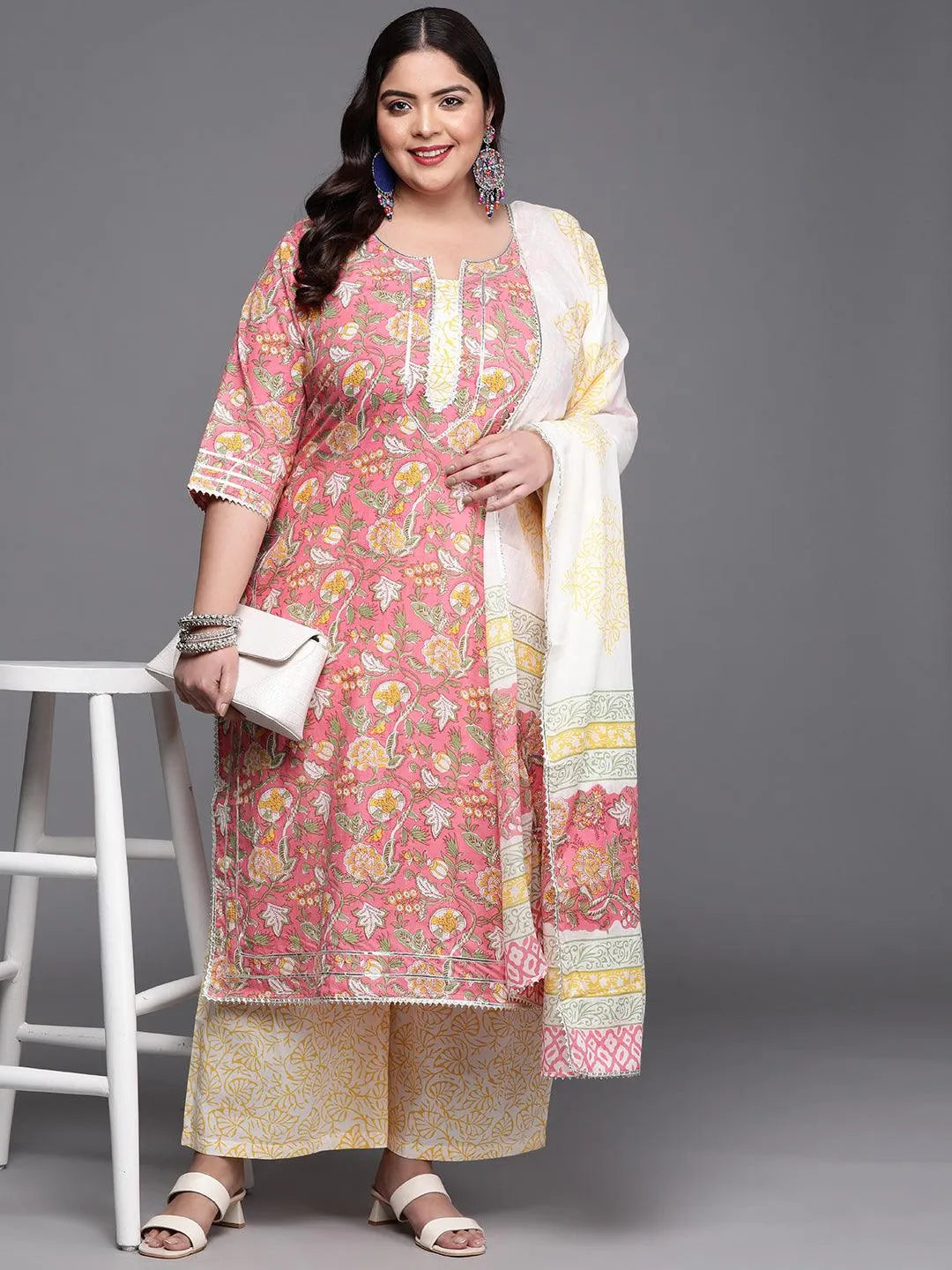 Plus Size Pink Printed Cotton Suit Set - Libas 