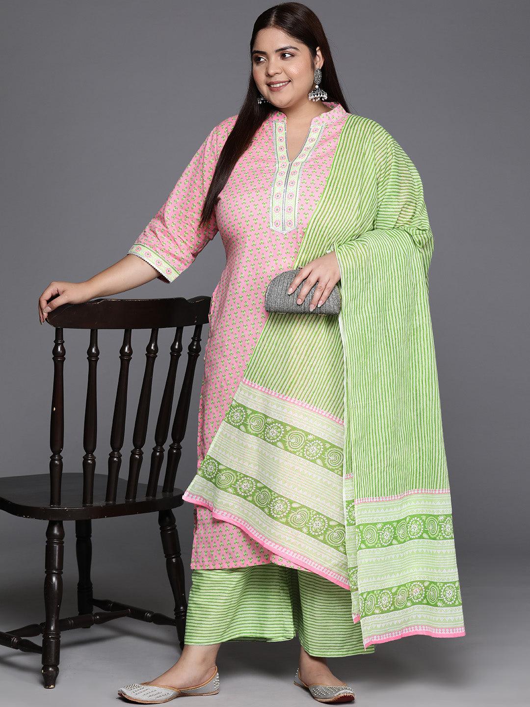 Plus Size Pink Printed Cotton Straight Kurta With Palazzos & Dupatta - Libas 