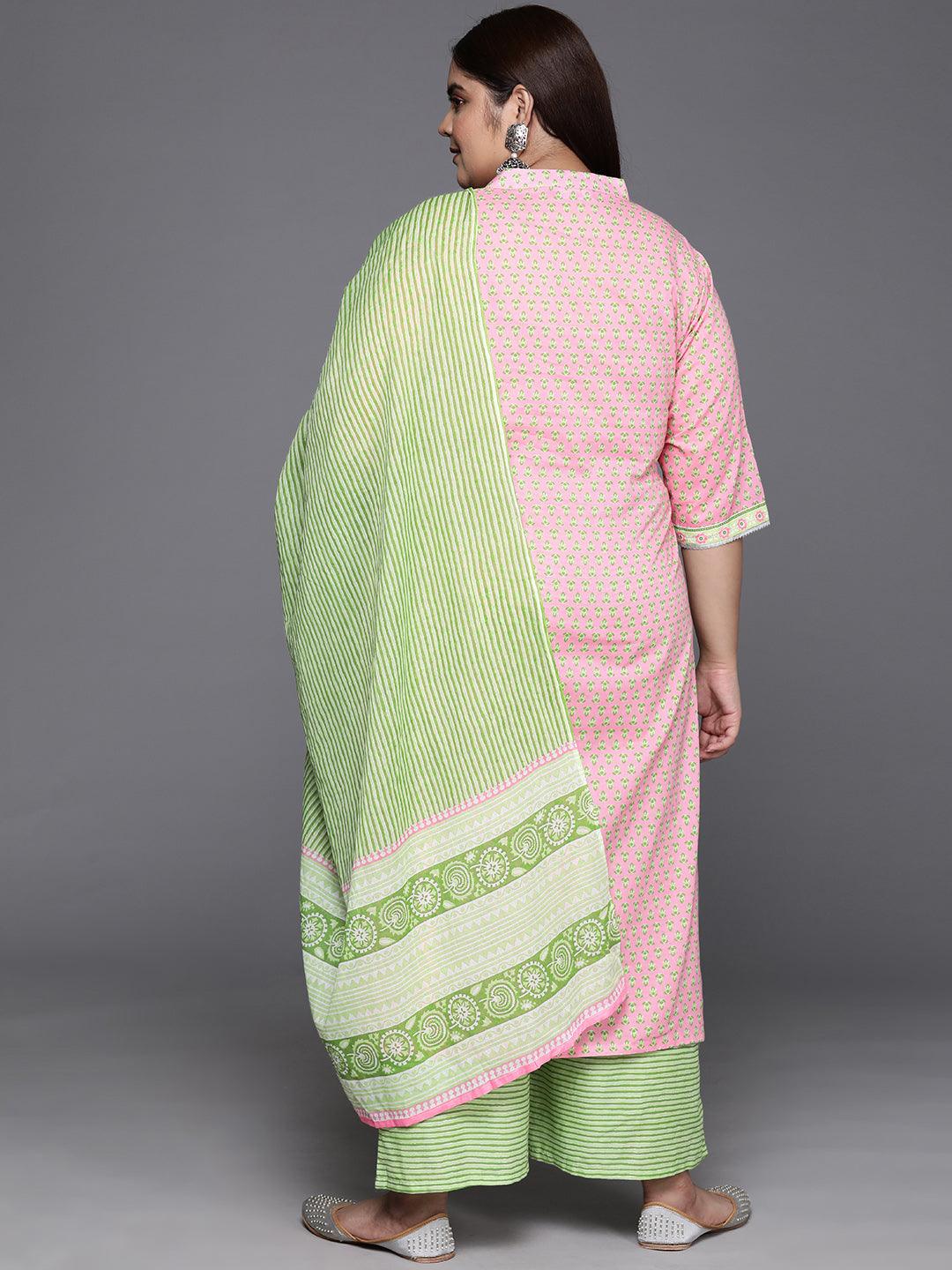 Plus Size Pink Printed Cotton Straight Kurta With Palazzos & Dupatta - Libas 