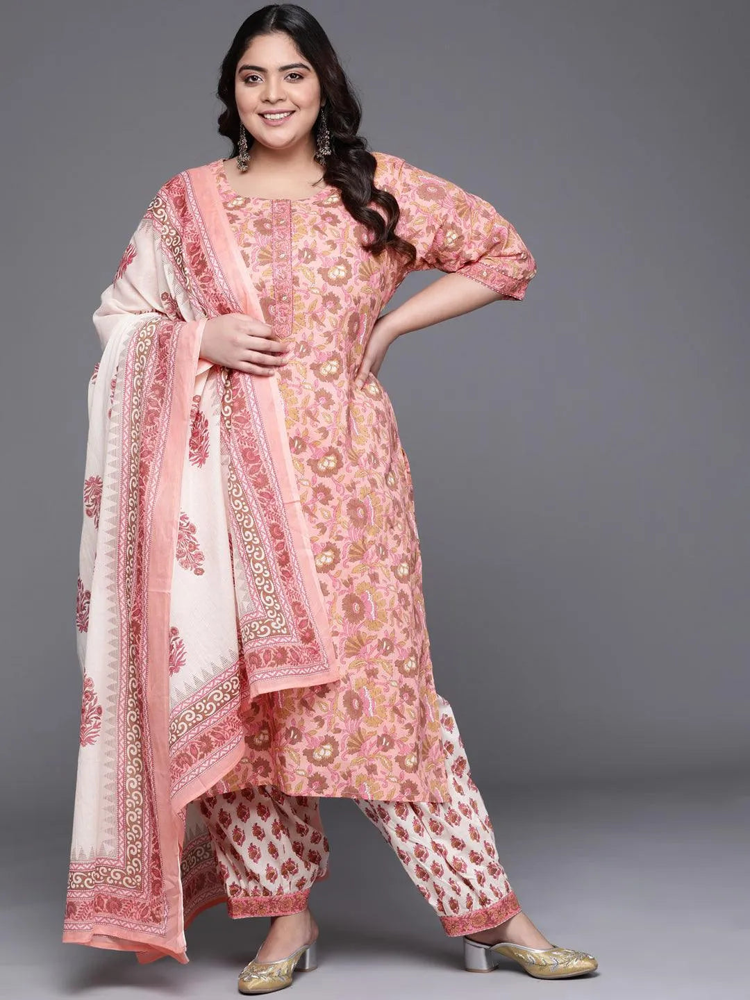 Plus Size Pink Printed Cotton Suit Set - Libas 