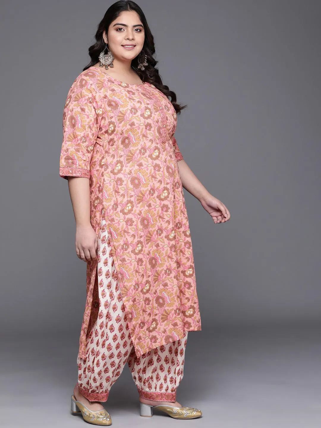 Plus Size Pink Printed Cotton Suit Set - Libas 