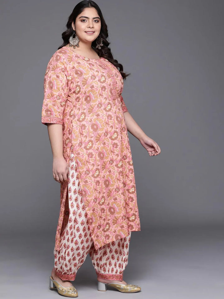 Plus Size Pink Printed Cotton Suit Set - Libas