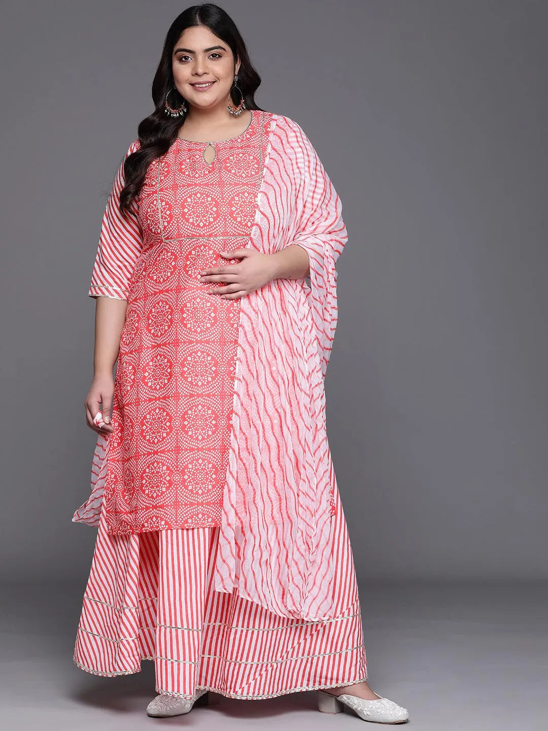 Plus Size Pink Printed Cotton Suit Set - Libas