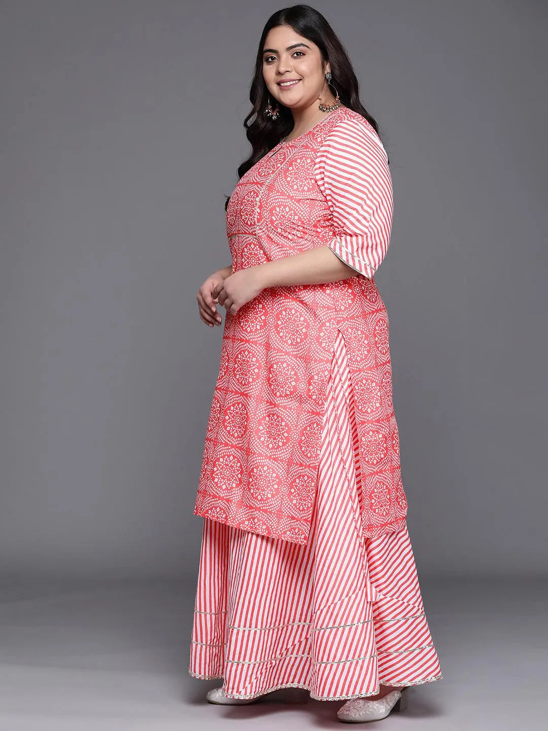 Plus Size Pink Printed Cotton Suit Set - Libas 