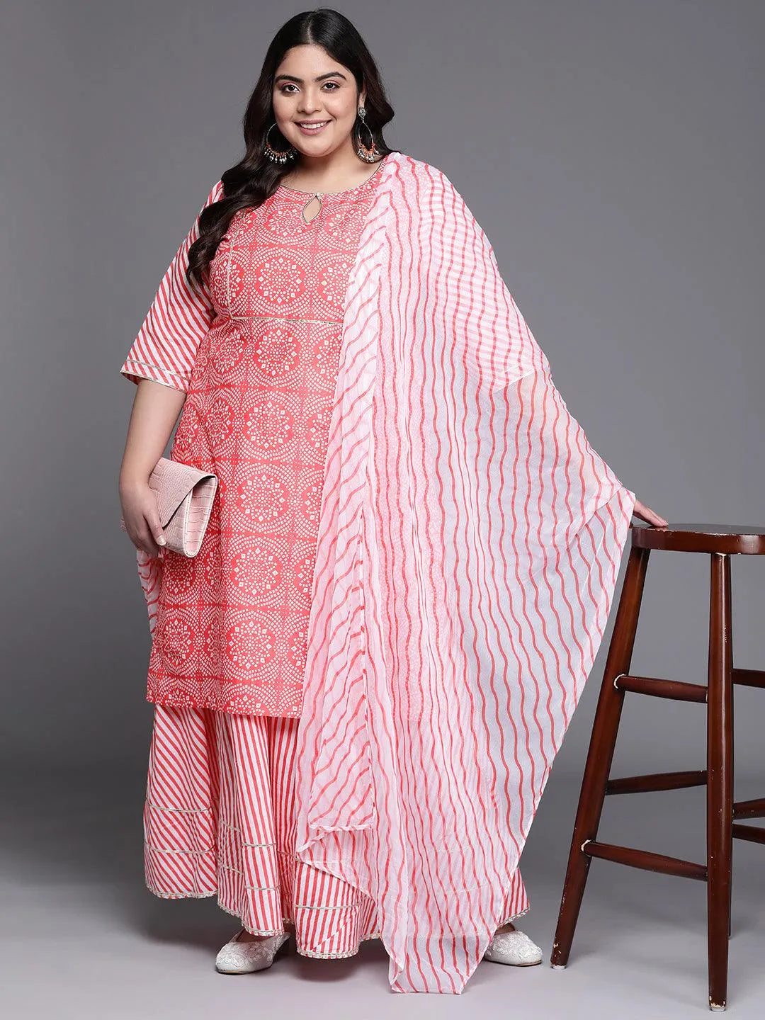 Plus Size Pink Printed Cotton Suit Set - Libas 