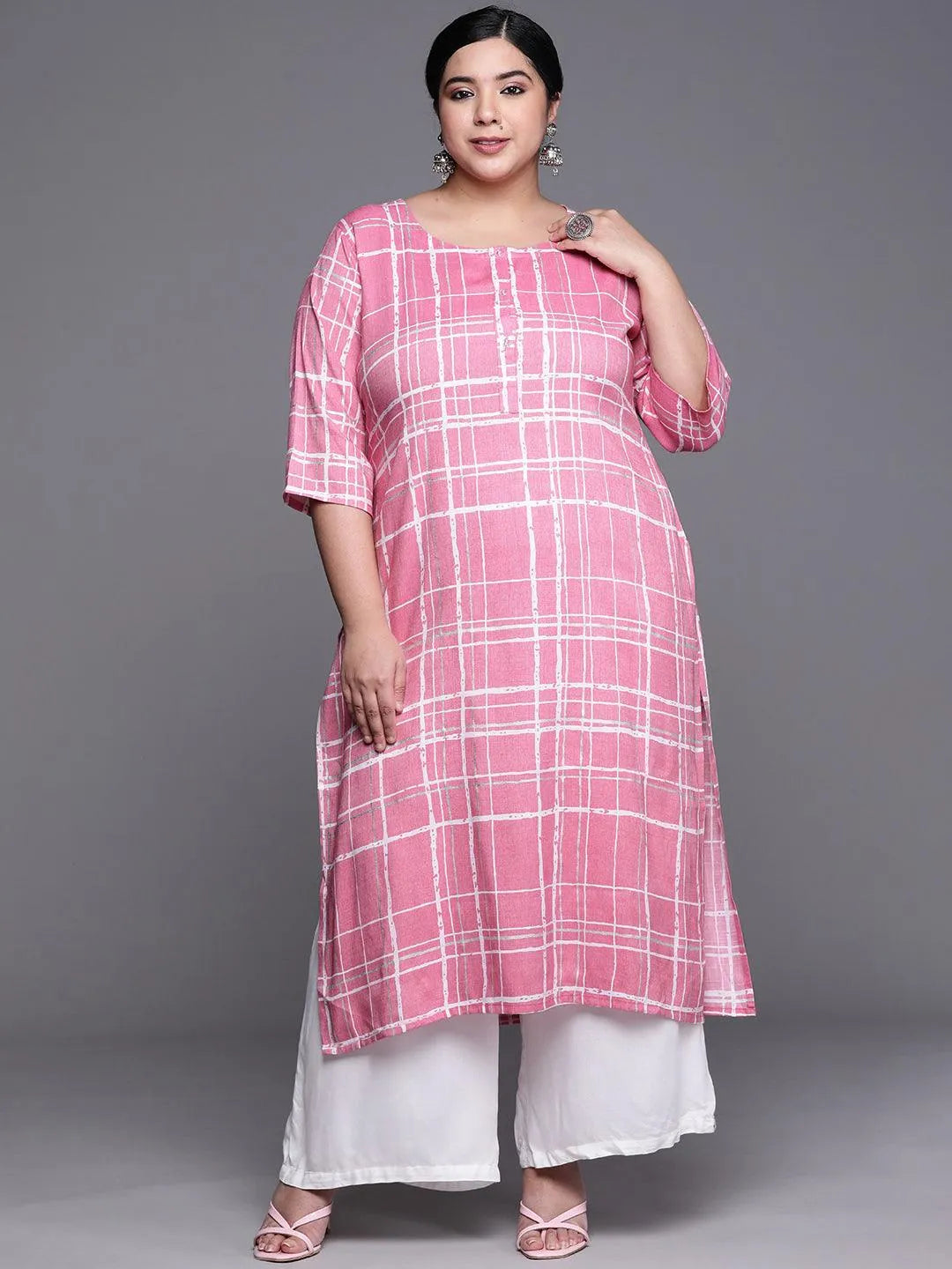 Plus Size Pink Printed Rayon Kurta - Libas 