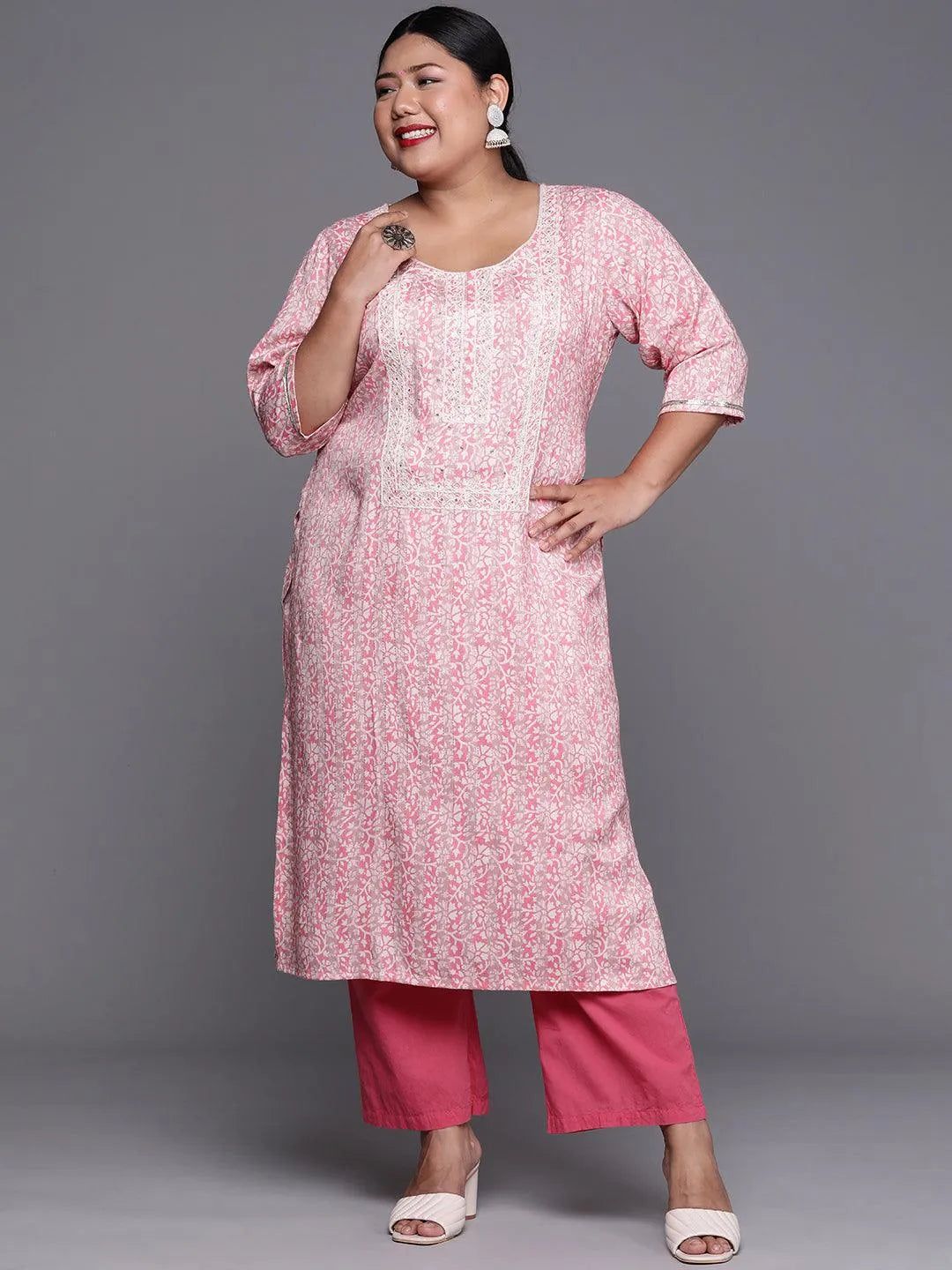 Plus Size Pink Yoke Design Rayon Kurta - Libas