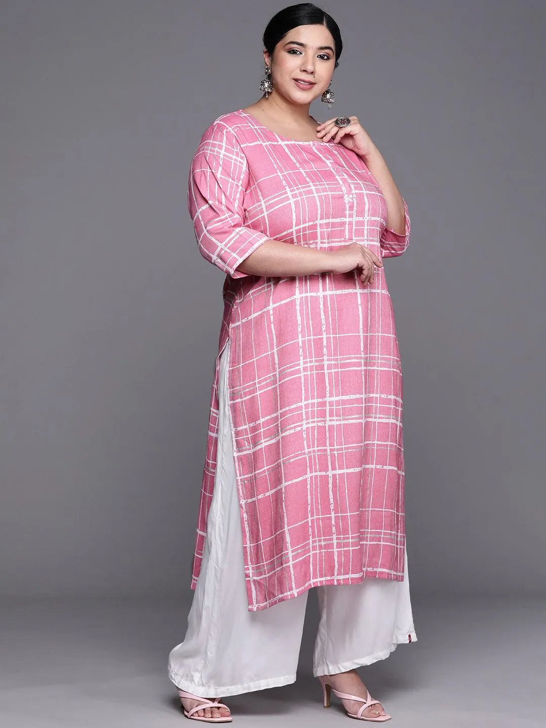 Plus Size Pink Printed Rayon Kurta - Libas 