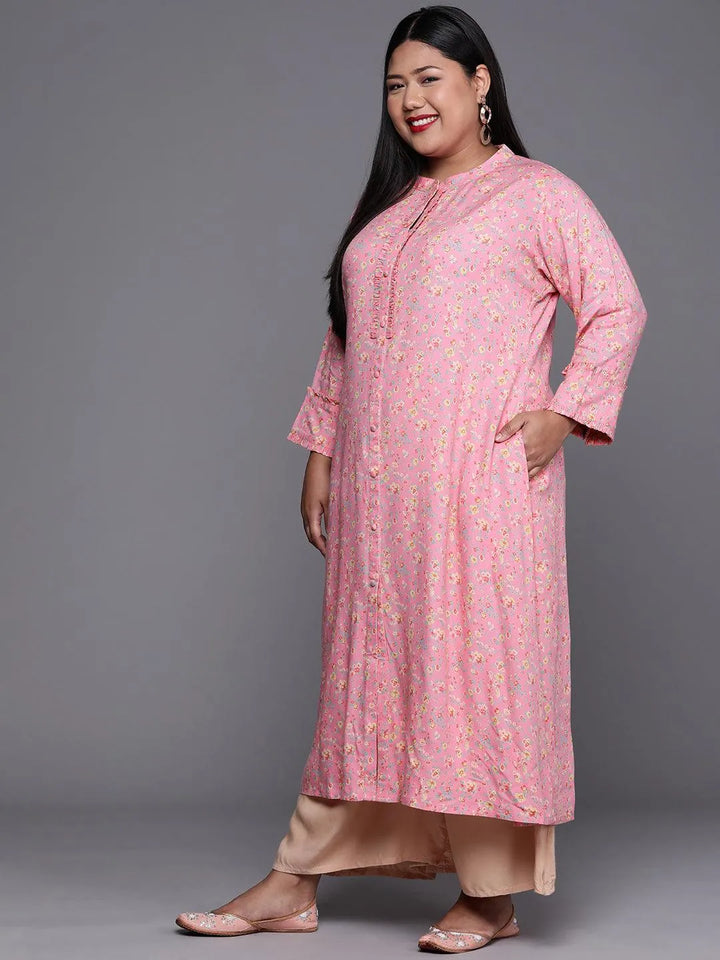 Plus Size Pink Printed Rayon Kurta - Libas