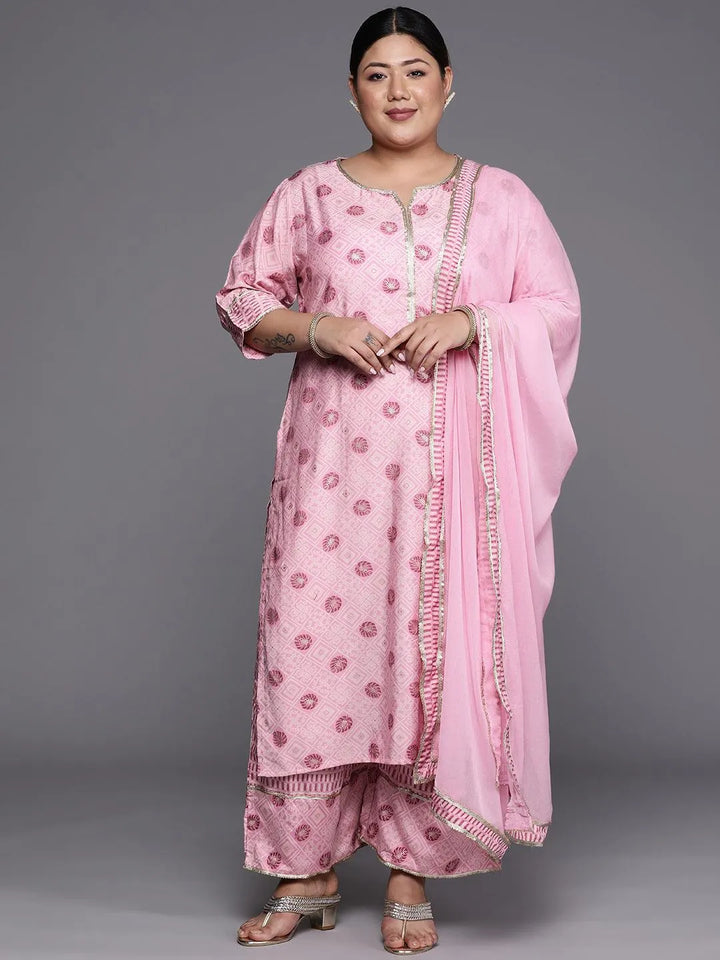 Plus Size Pink Printed Silk Blend Straight Suit Set - Libas