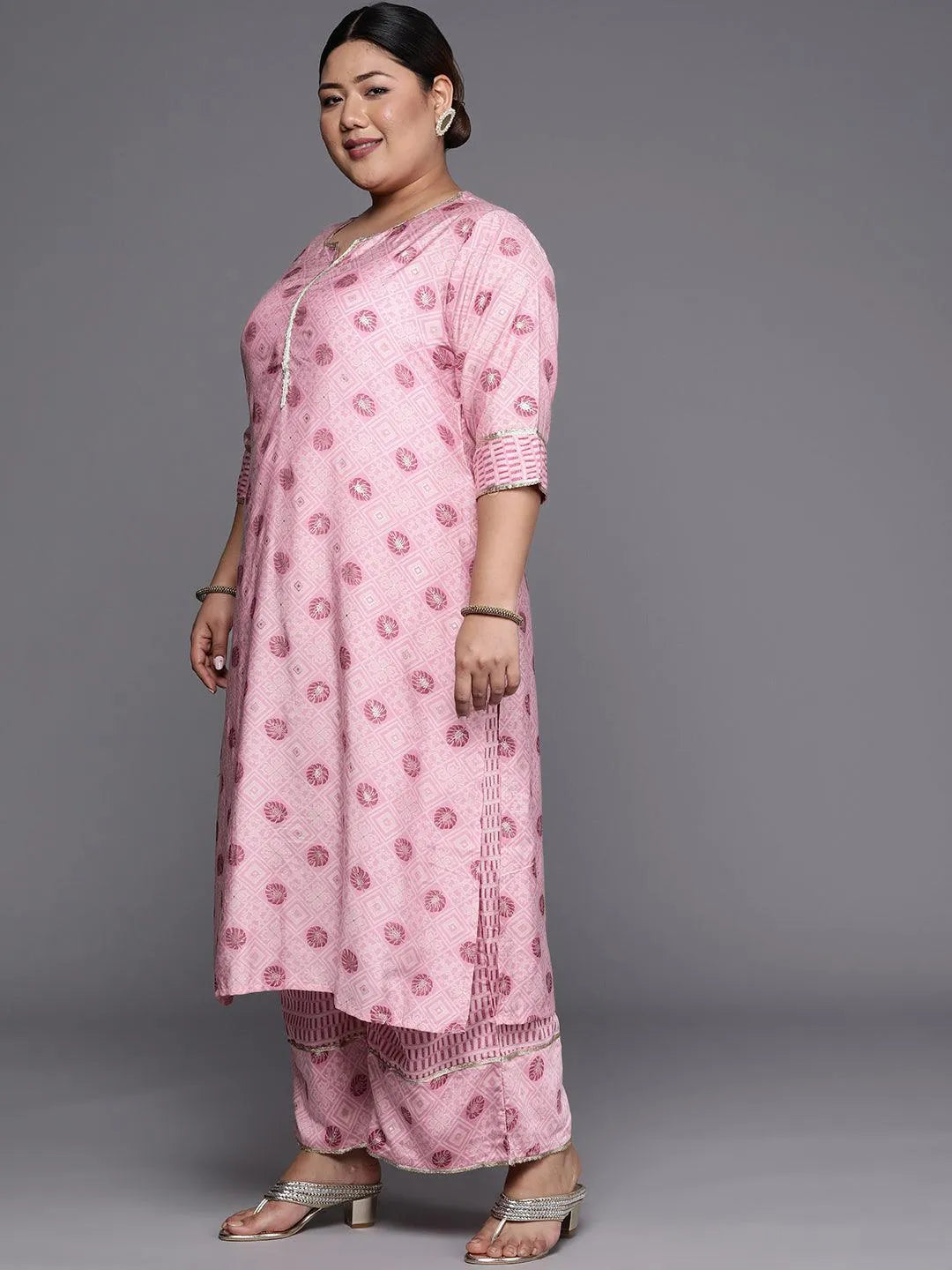 Plus Size Pink Printed Silk Blend Straight Suit Set - Libas 