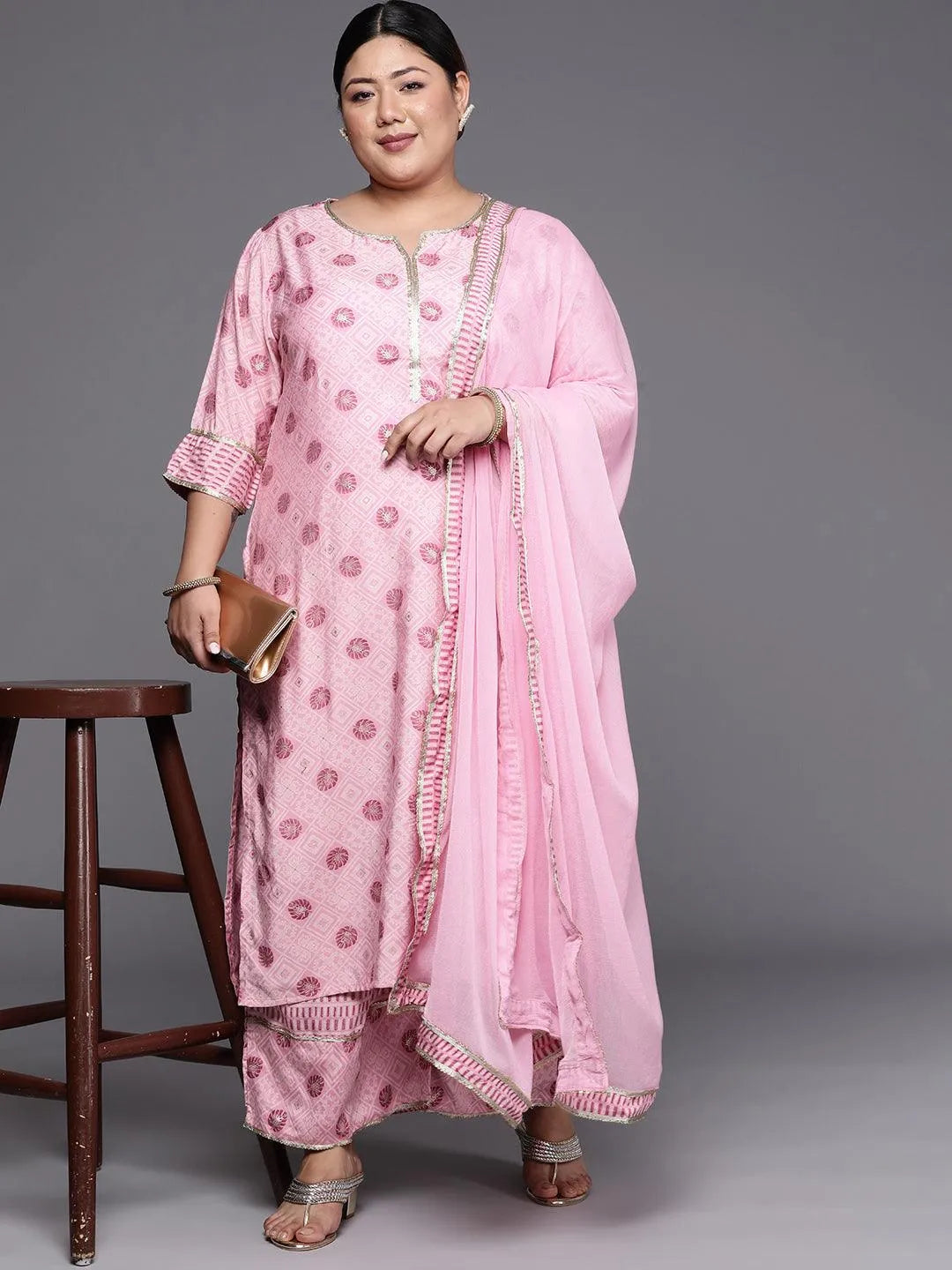 Plus Size Pink Printed Silk Blend Straight Suit Set - Libas