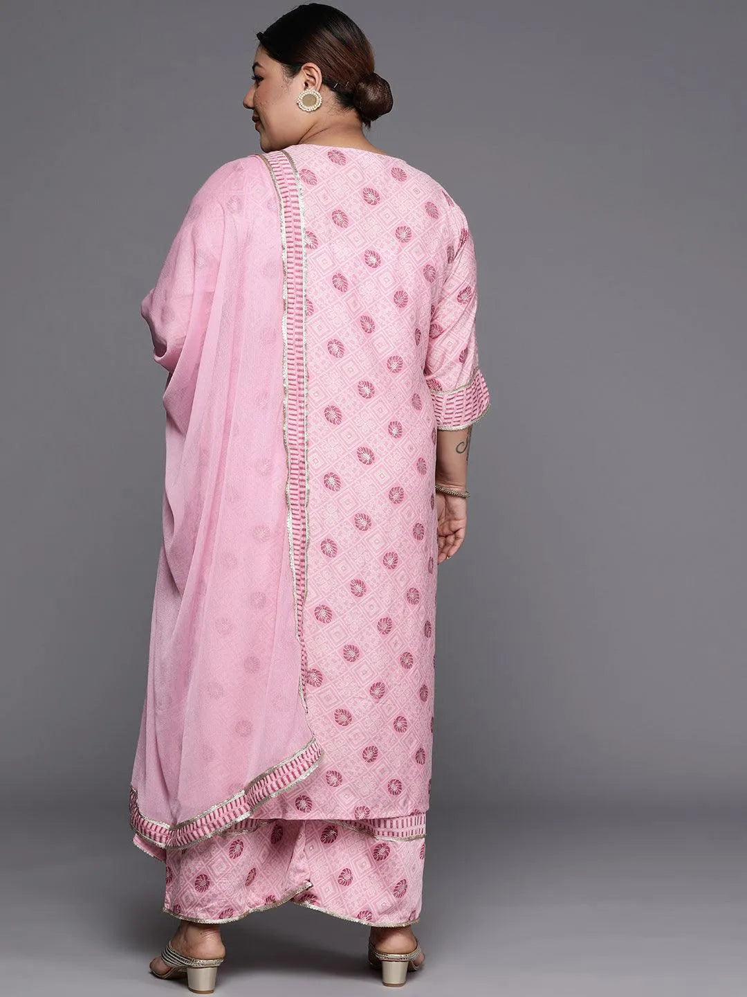 Plus Size Pink Printed Silk Blend Straight Suit Set - Libas 