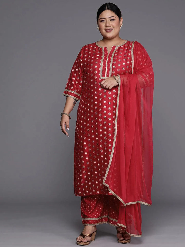 Plus Size Pink Printed Silk Blend Straight Suit Set - Libas