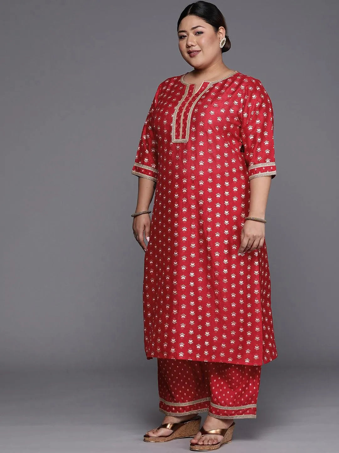 Plus Size Pink Printed Silk Blend Straight Suit Set - Libas 