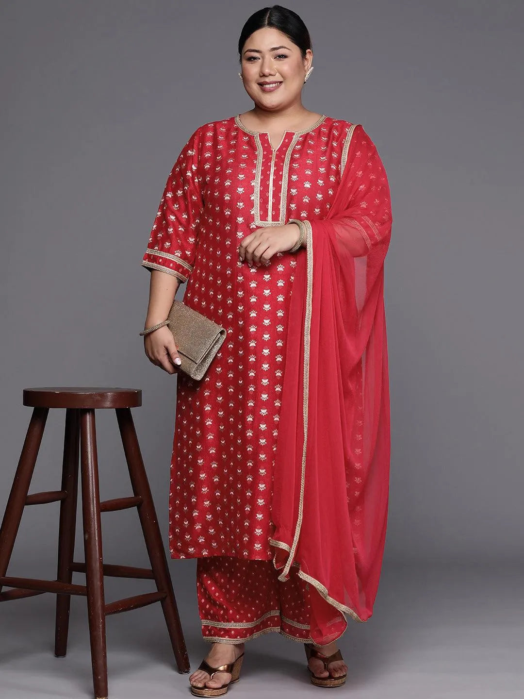 Plus Size Pink Printed Silk Blend Straight Suit Set - Libas 