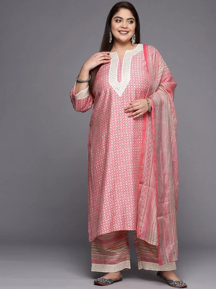 Plus Size Pink Printed Silk Blend Straight Suit Set - Libas