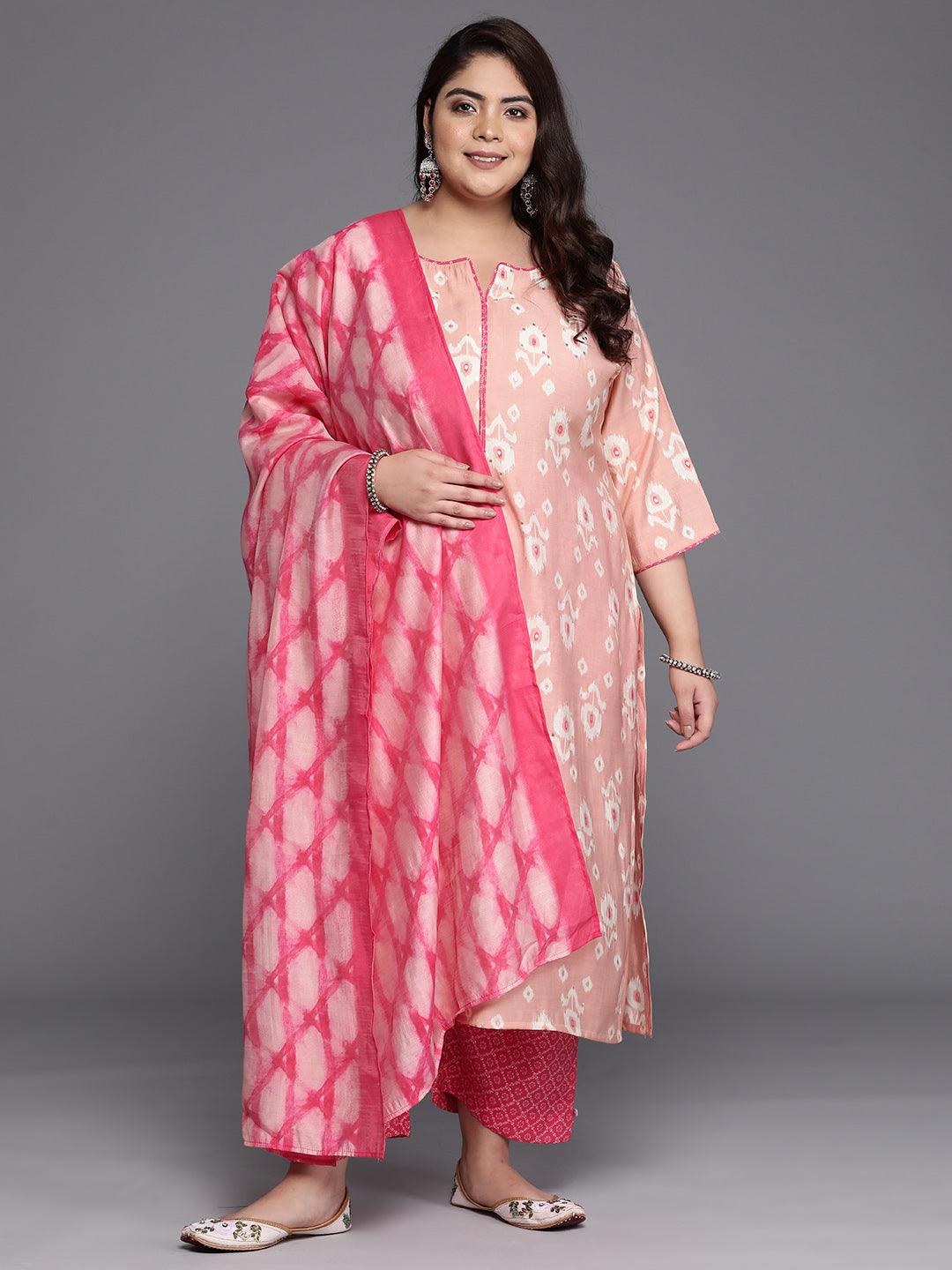 Plus Size Pink Printed Silk Blend Straight Suit Set - Libas