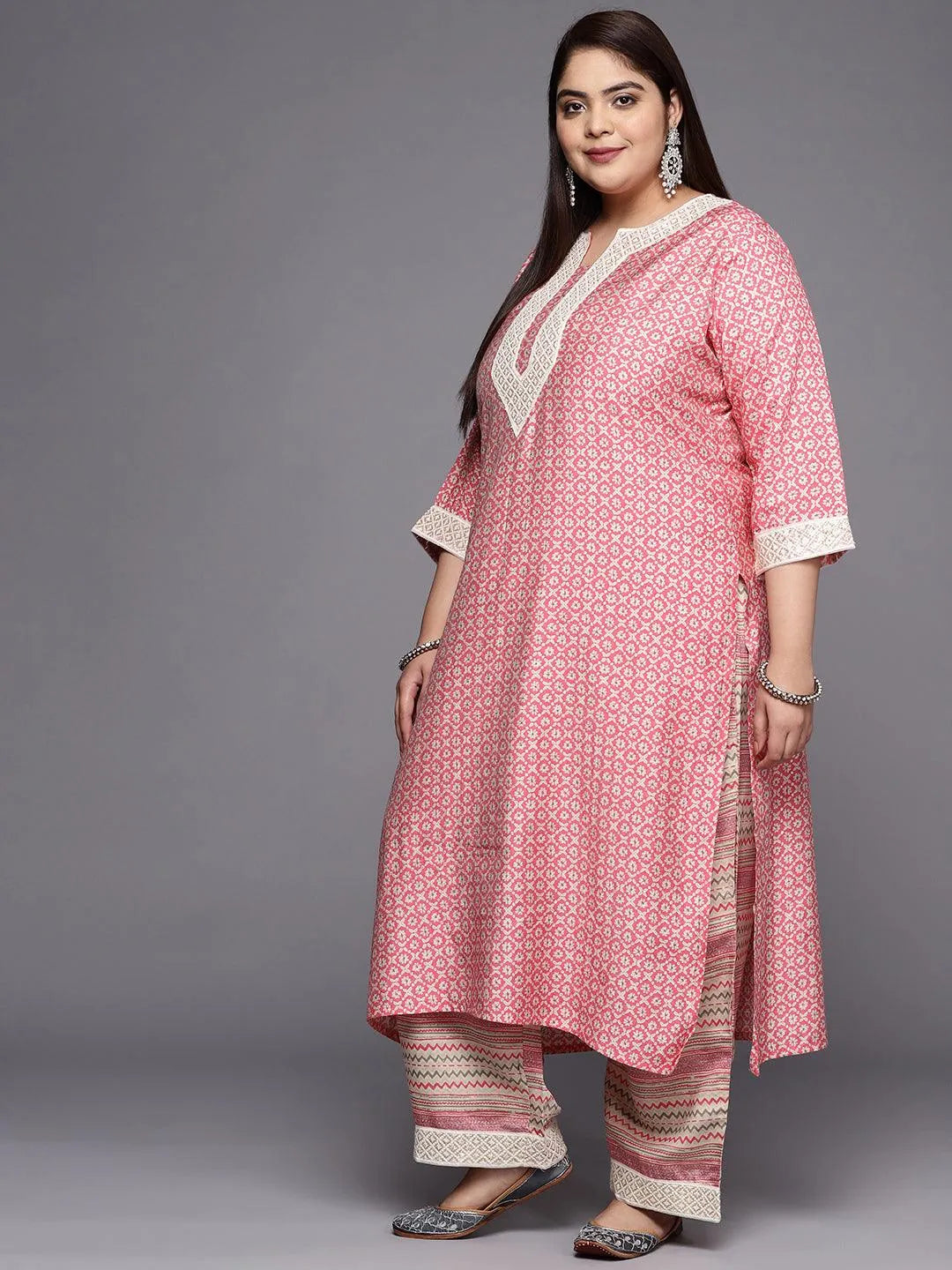 Plus Size Pink Printed Silk Blend Straight Suit Set - Libas 