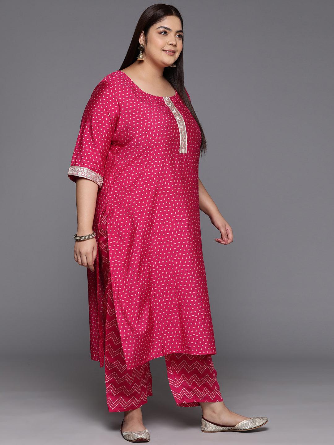 Plus Size Pink Printed Silk Blend Straight Kurta With Trousers & Dupatta - Libas