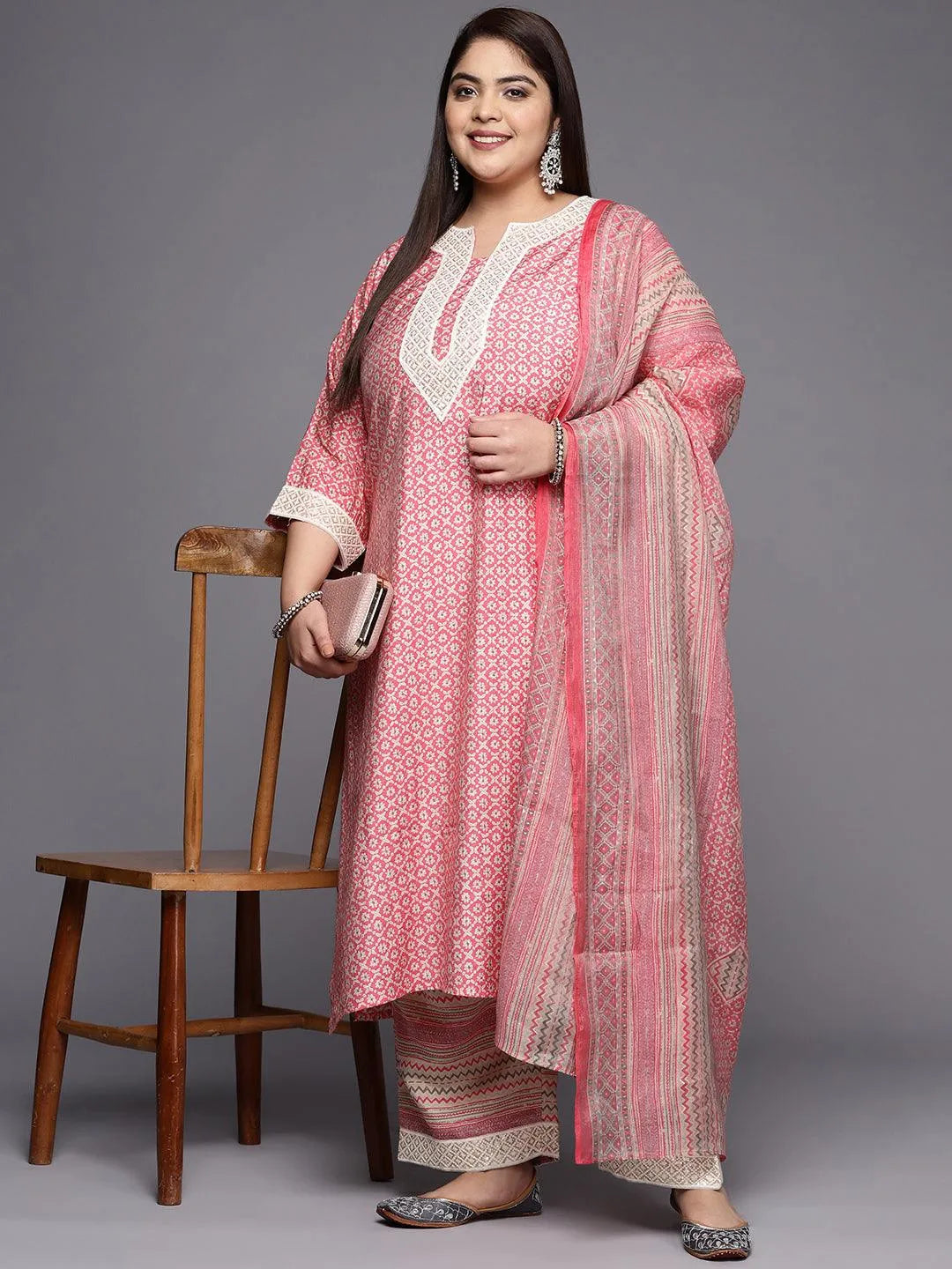 Plus Size Pink Printed Silk Blend Straight Suit Set - Libas 