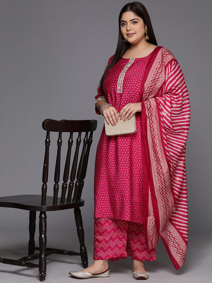 Plus Size Pink Printed Silk Blend Straight Kurta With Trousers & Dupatta - Libas