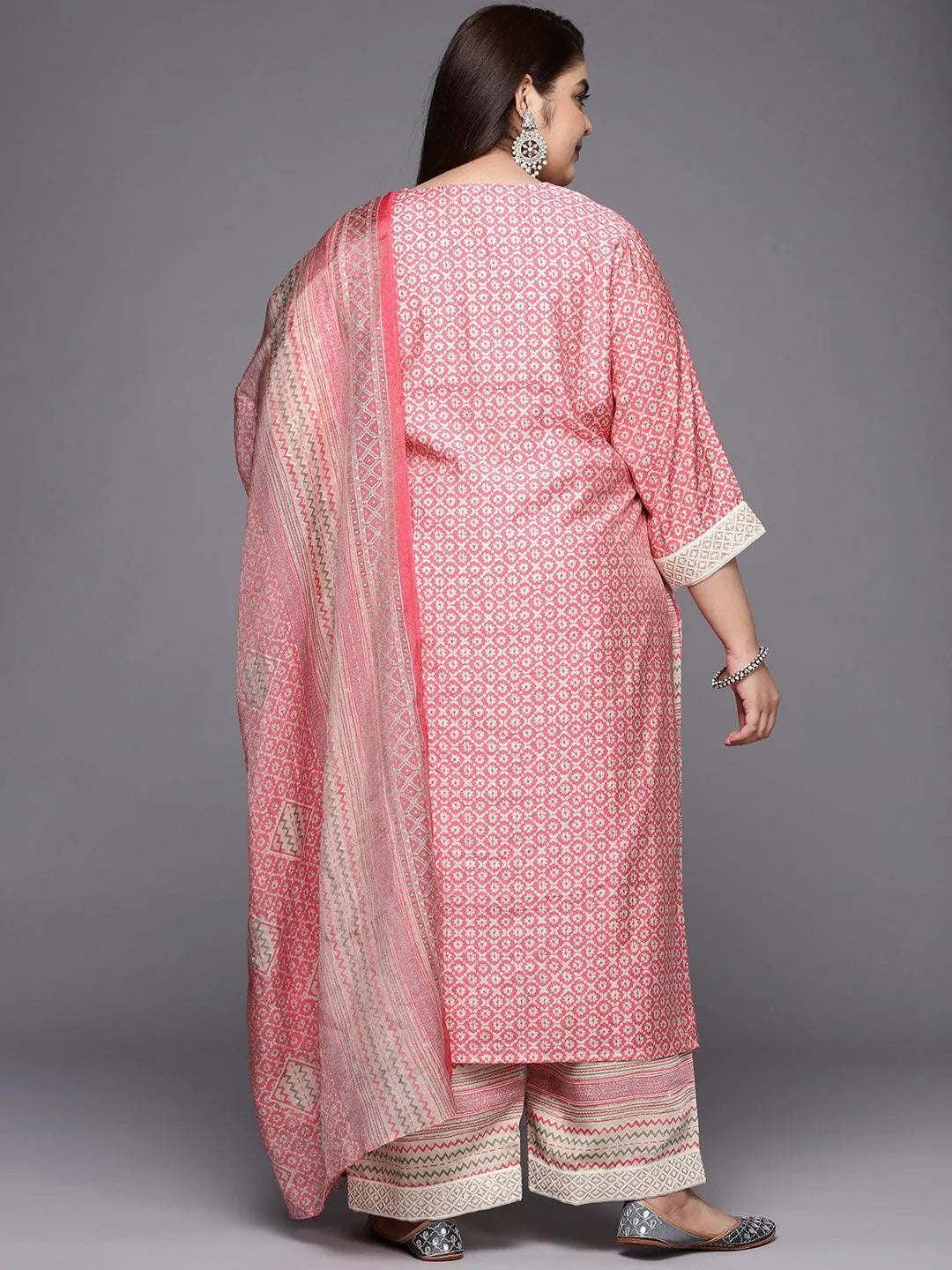 Plus Size Pink Printed Silk Blend Straight Suit Set - Libas 