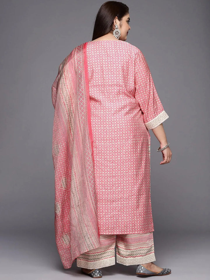 Plus Size Pink Printed Silk Blend Straight Suit Set - Libas