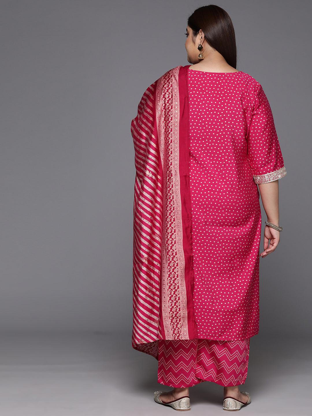 Plus Size Pink Printed Silk Blend Straight Kurta With Trousers & Dupatta - Libas