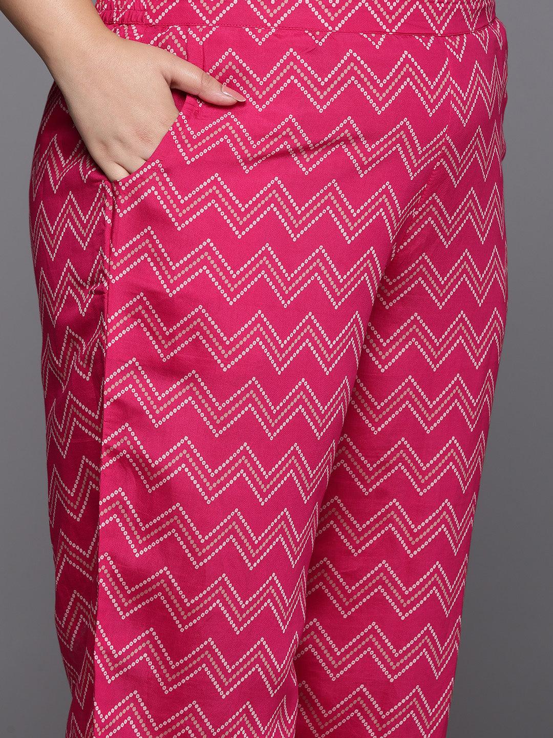 Plus Size Pink Printed Silk Blend Straight Kurta With Trousers & Dupatta - Libas