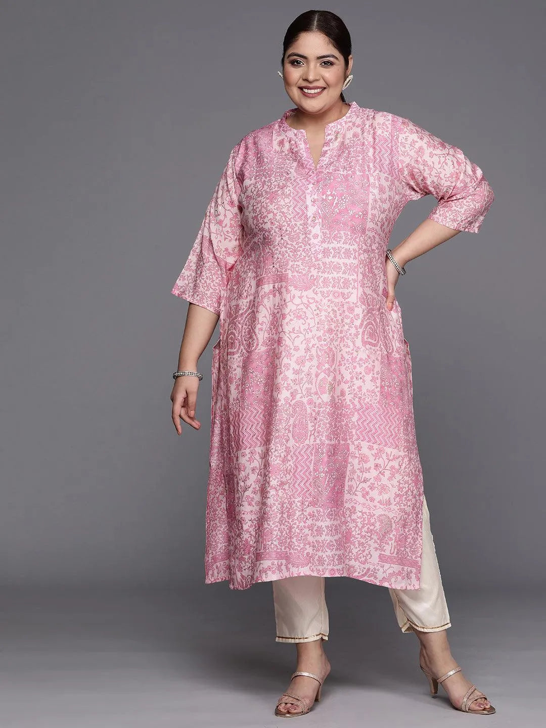 Plus Size Pink Printed Silk Straight Kurta - Libas 