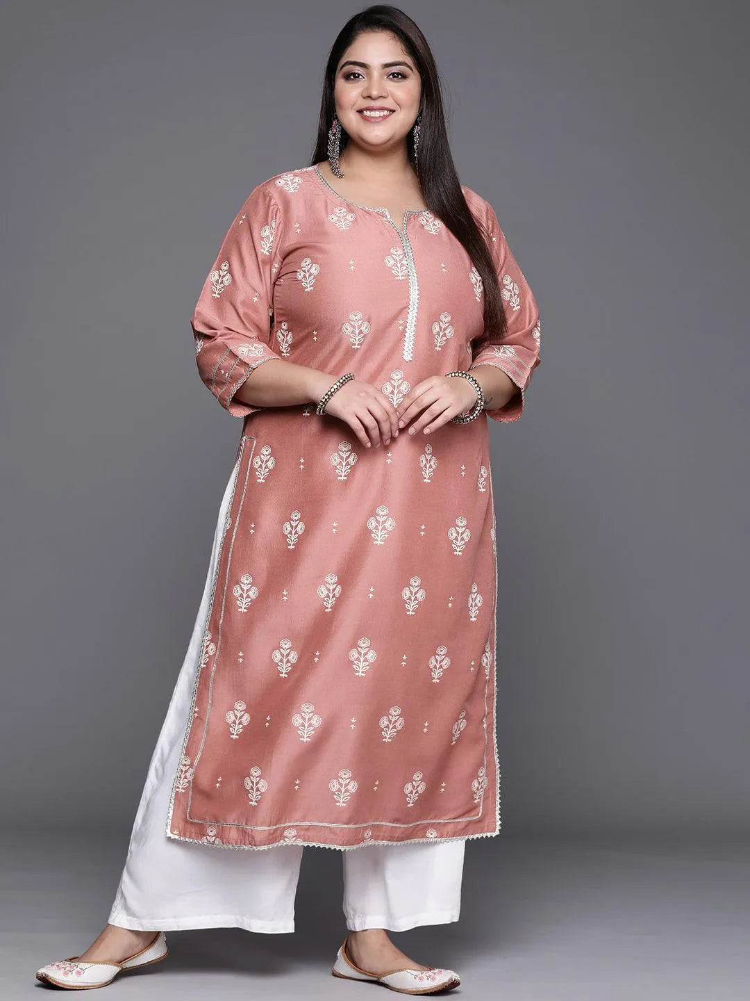 Plus Size Pink Silk Printed Straight Kurta - Libas 