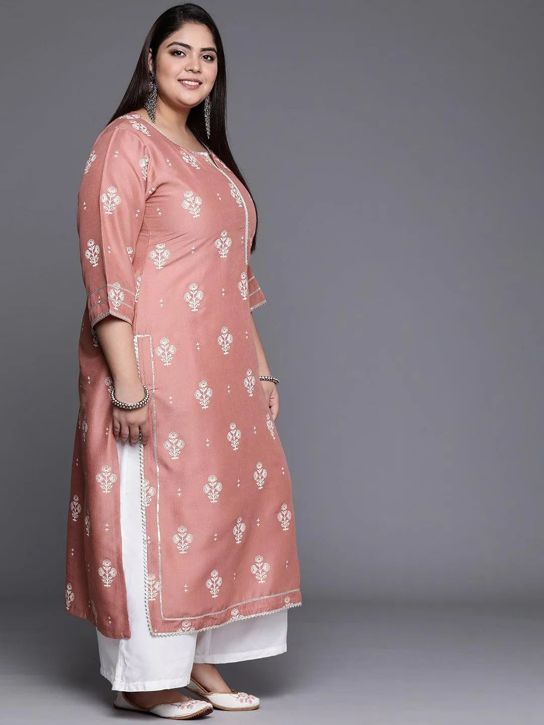 Plus Size Pink Silk Printed Straight Kurta - Libas 