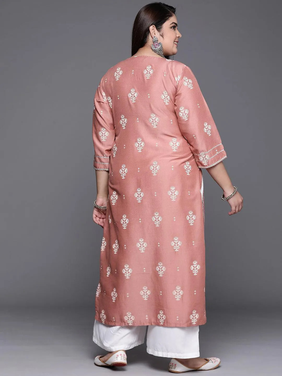 Plus Size Pink Silk Printed Straight Kurta - Libas 