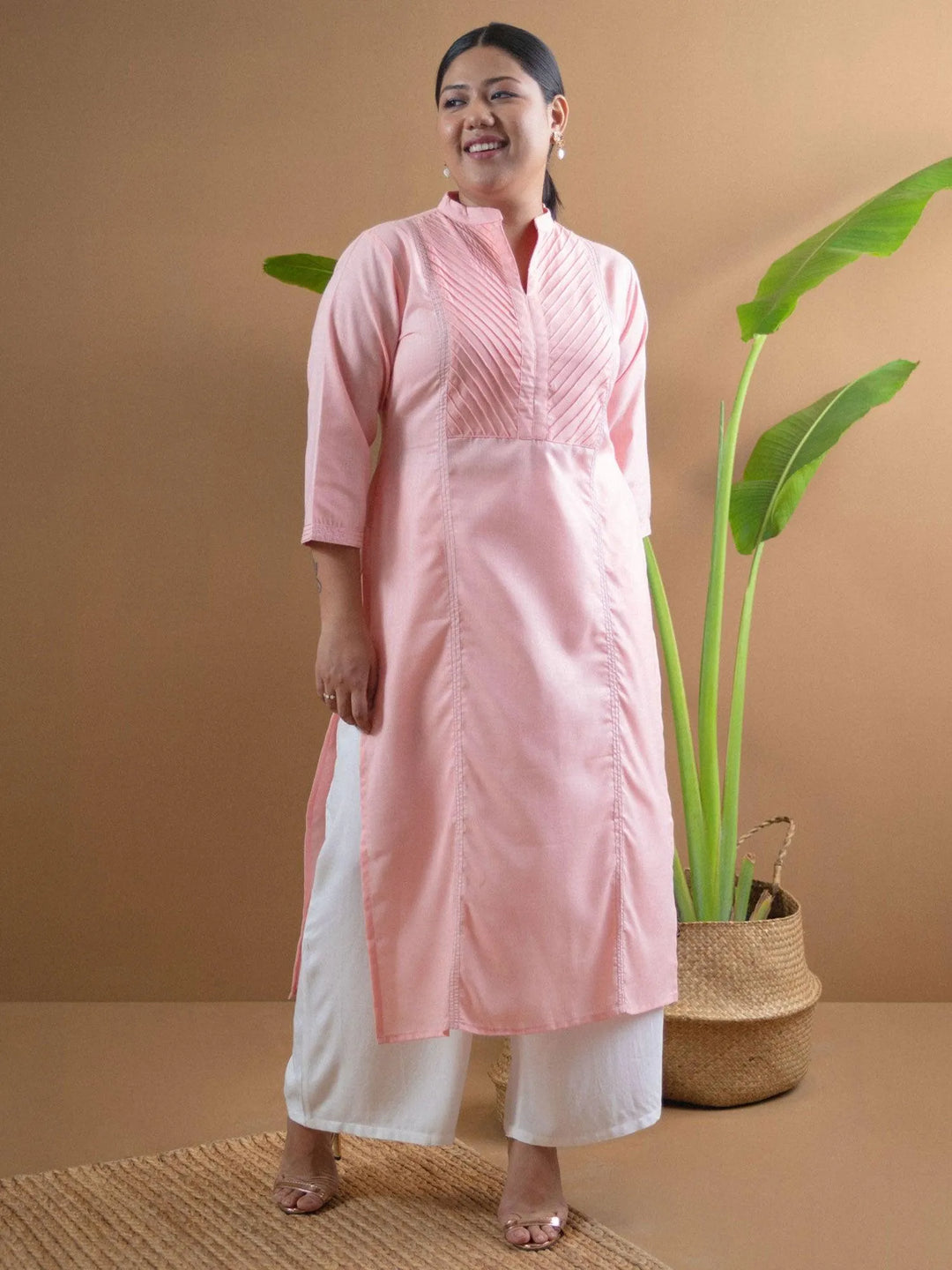 Plus Size Pink Solid Cotton Kurta - Libas 