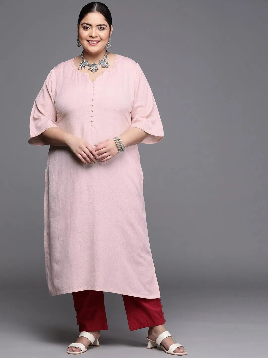 Plus Size Pink Solid Rayon Kurta - Libas