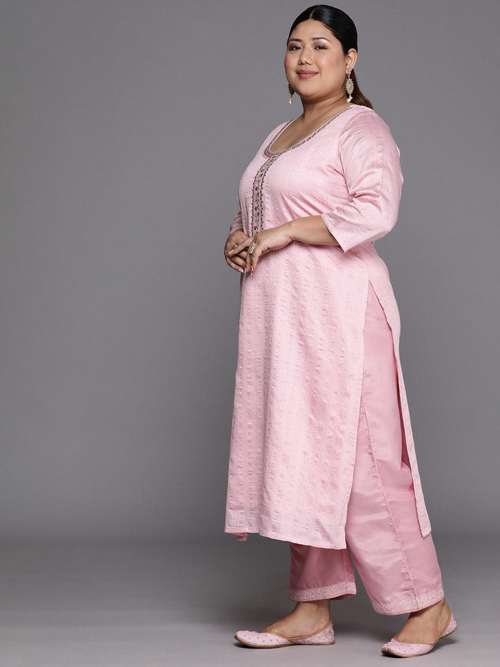 Plus Size Pink Woven Design Rayon Straight Kurta - Libas