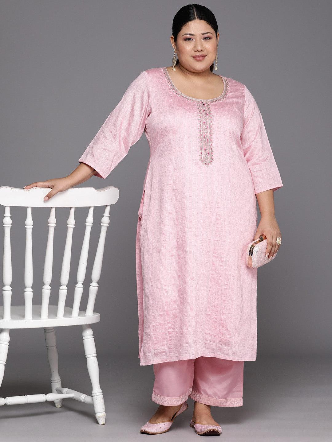 Plus Size Pink Woven Design Rayon Straight Kurta - Libas