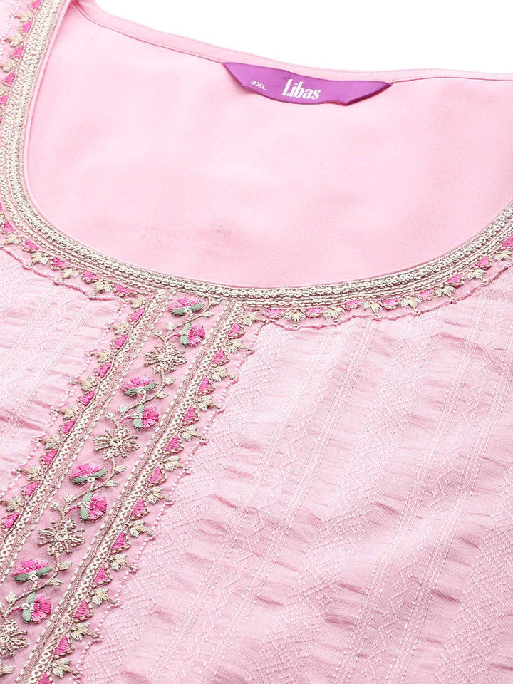 Plus Size Pink Woven Design Rayon Straight Kurta - Libas