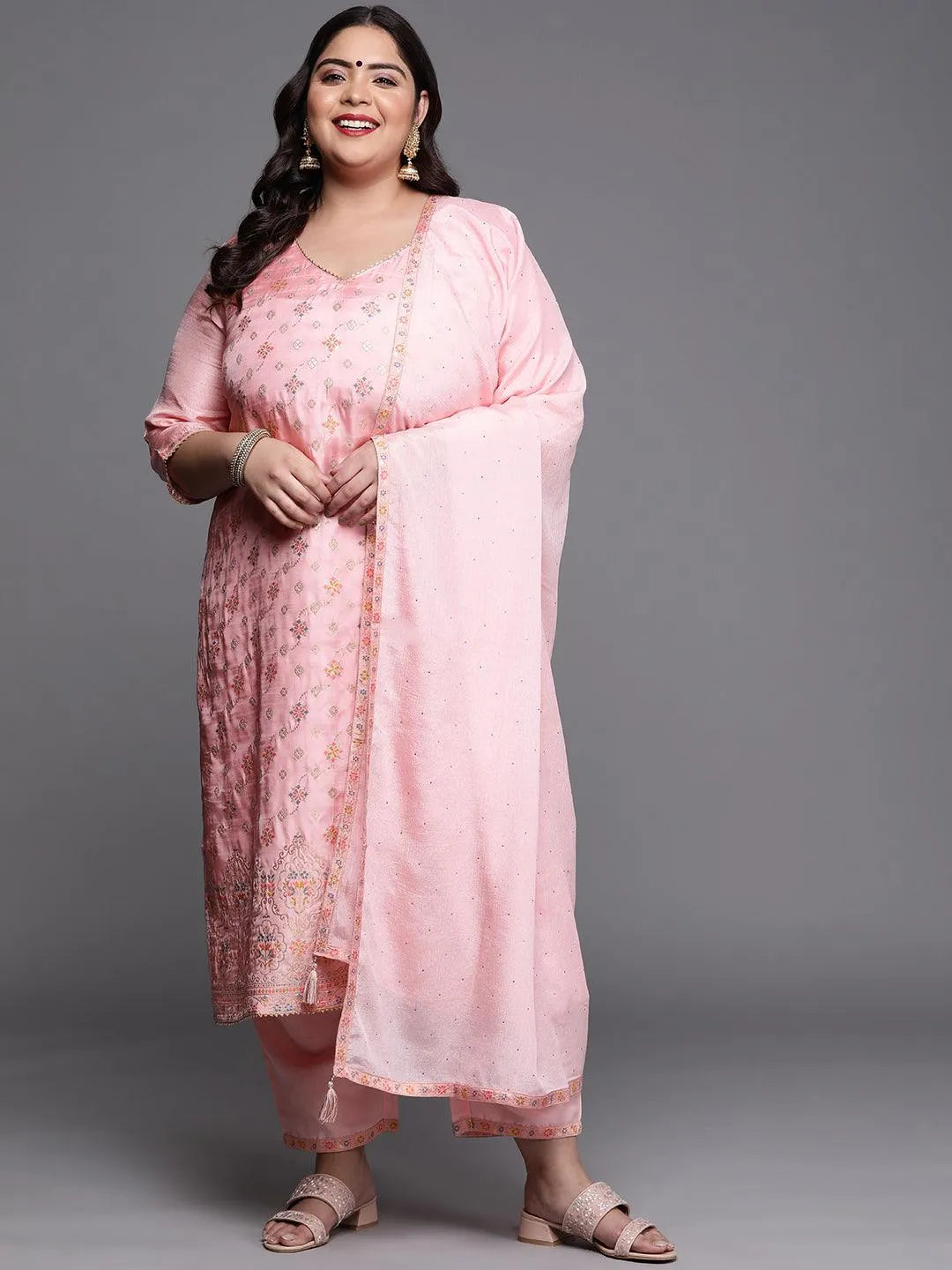 Plus Size Pink Woven Design Silk Blend Suit Set - Libas