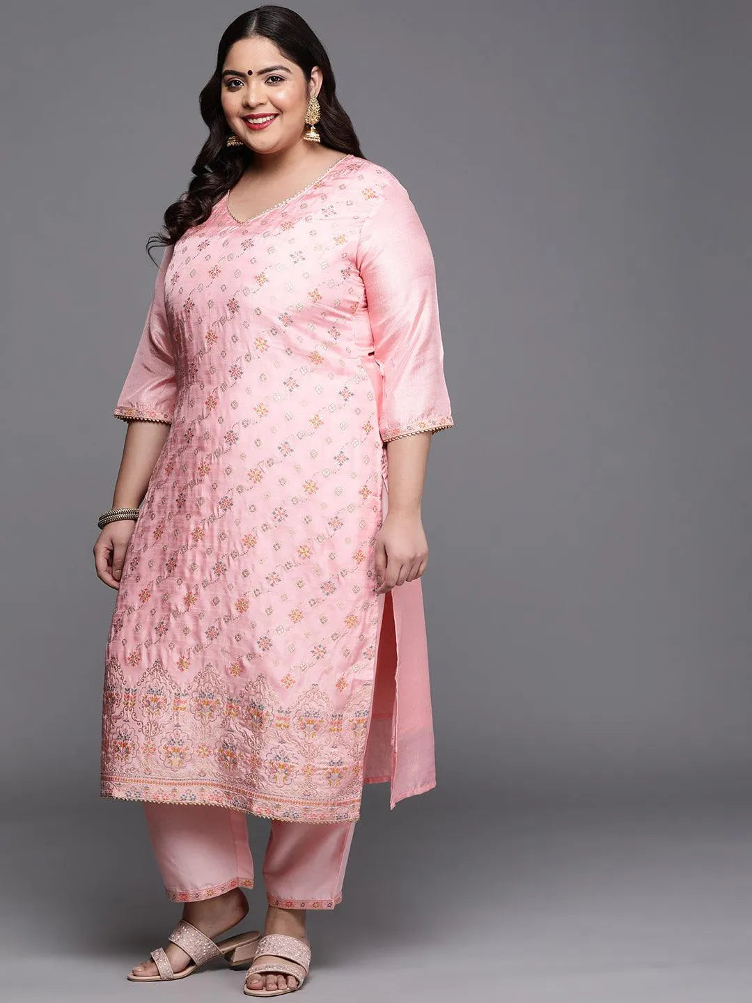 Plus Size Pink Woven Design Silk Blend Suit Set - Libas 