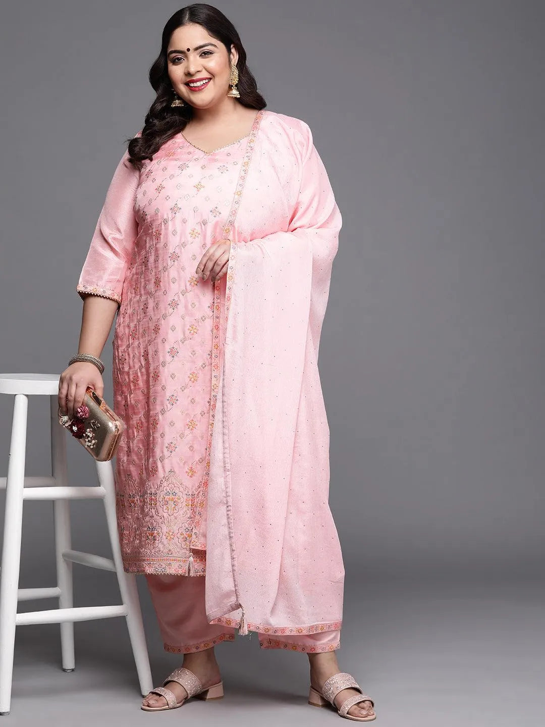 Plus Size Pink Woven Design Silk Blend Suit Set - Libas 