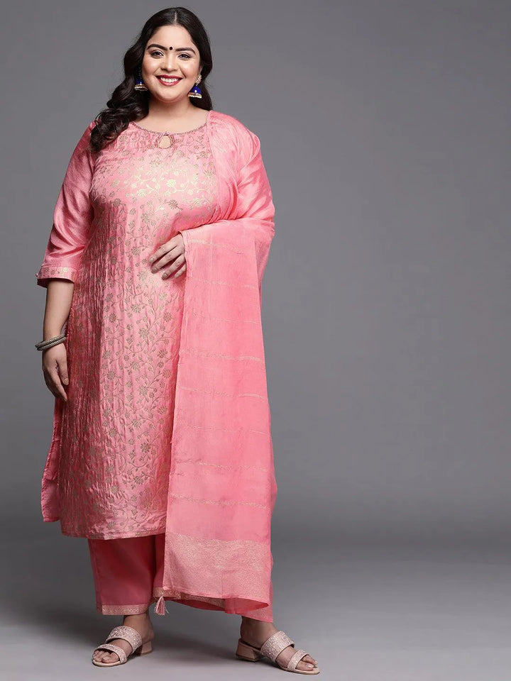 Plus Size Pink Woven Design Silk Blend Suit Set - Libas