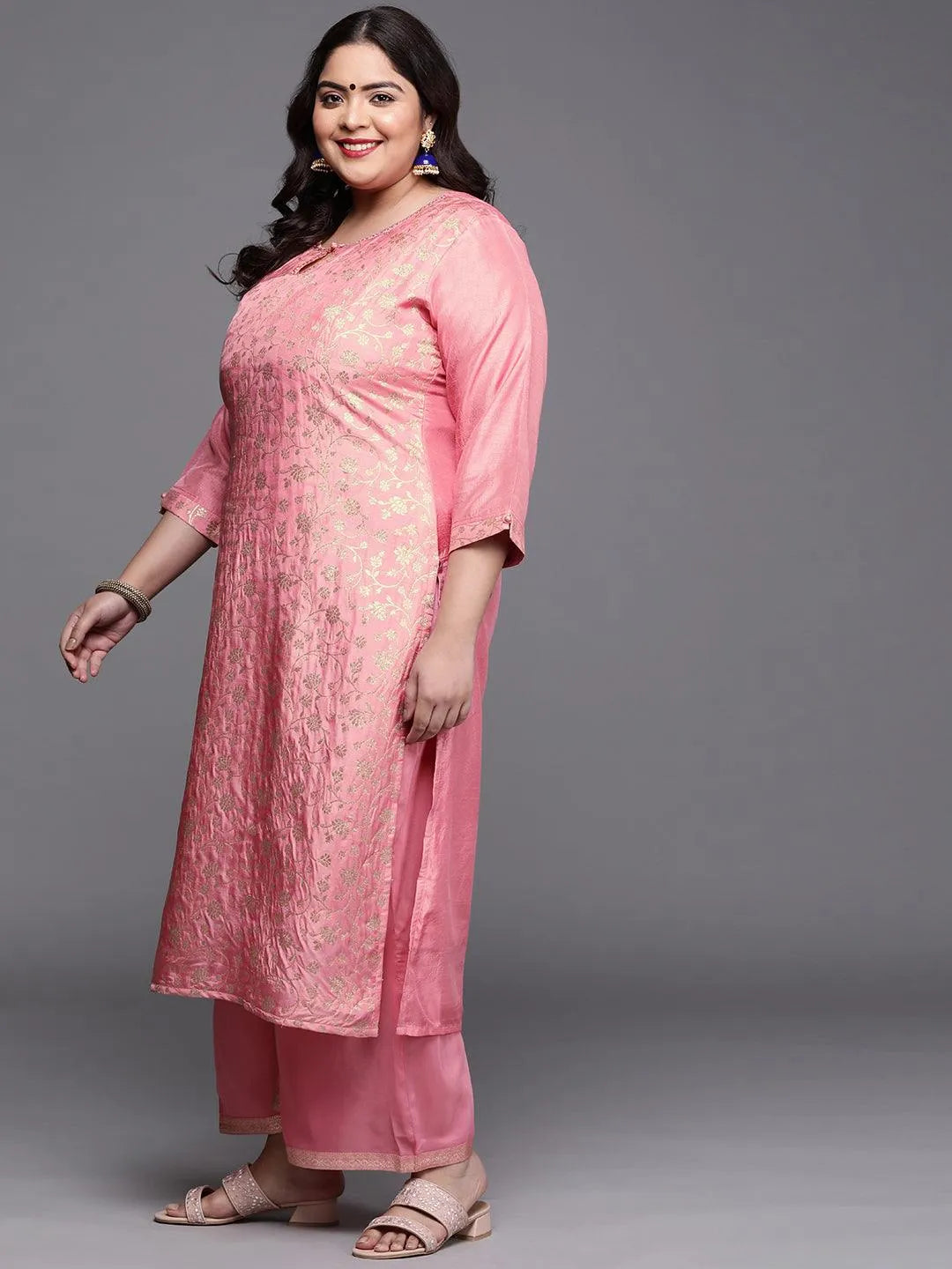 Plus Size Pink Woven Design Silk Blend Suit Set - Libas 