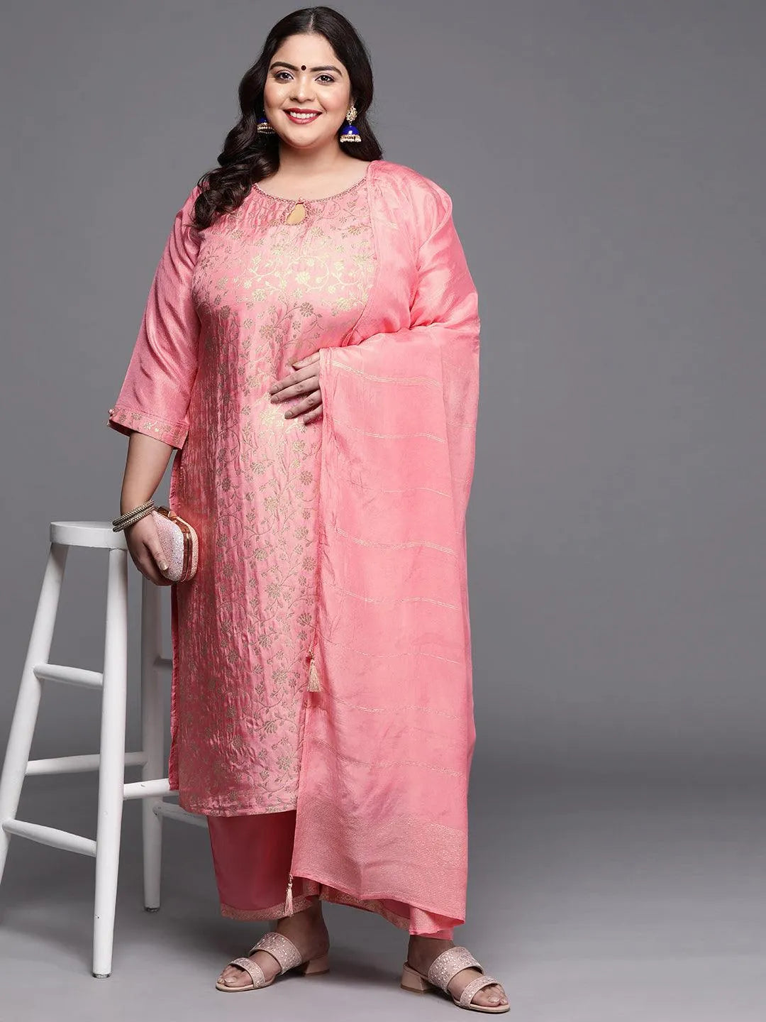 Plus Size Pink Woven Design Silk Blend Suit Set - Libas