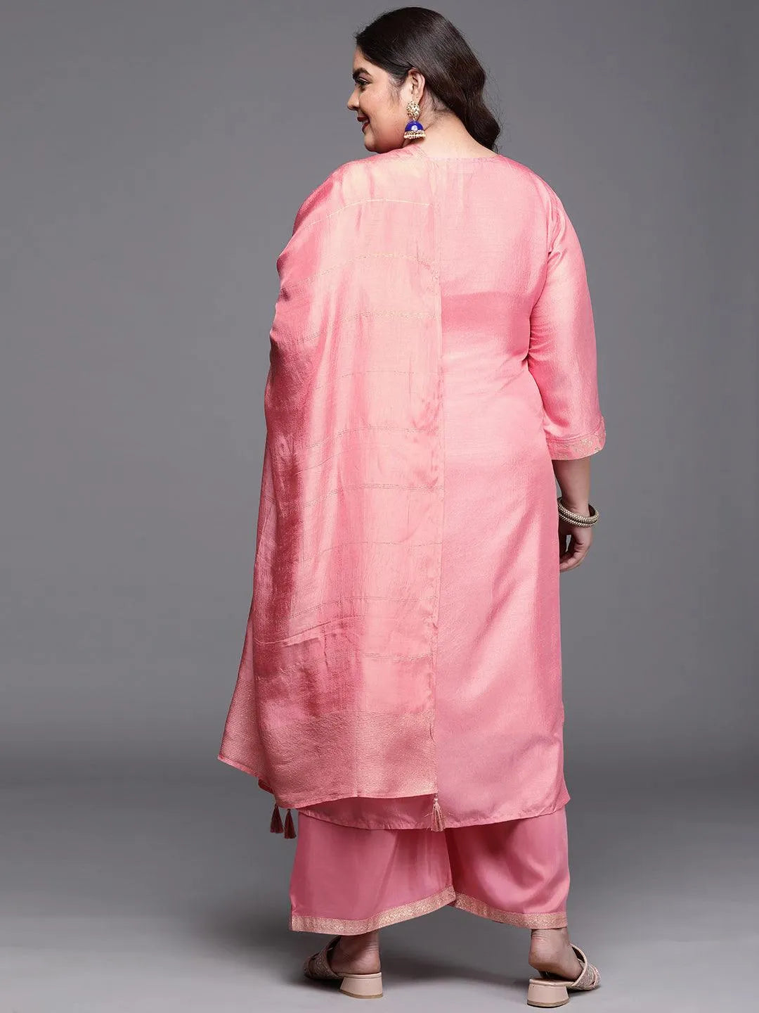 Plus Size Pink Woven Design Silk Blend Suit Set - Libas 